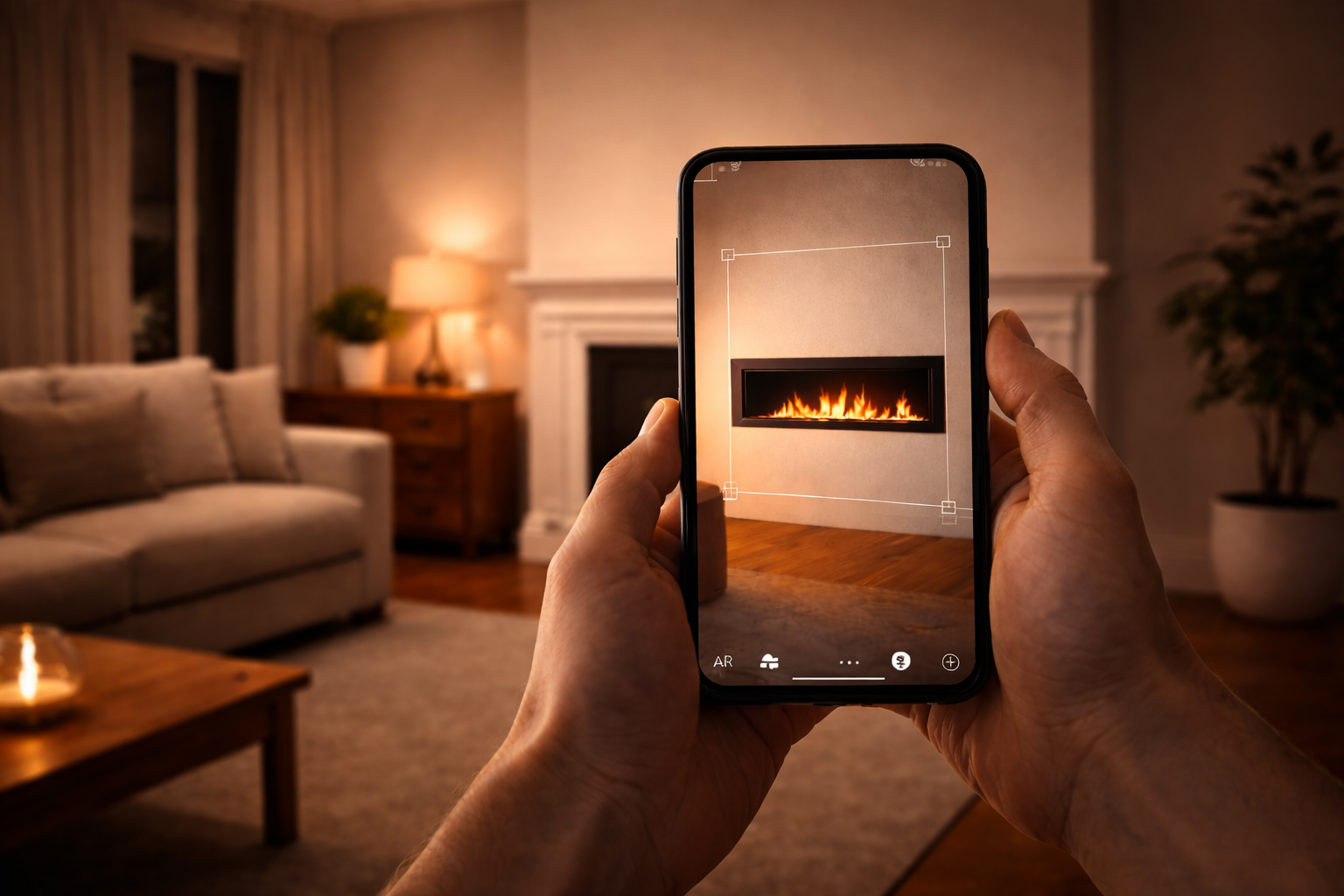 Fireplace and patio products displayed in a home living space